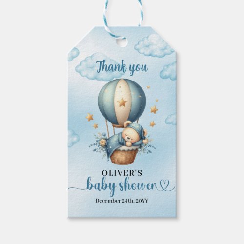 Cute teddy bear blue brown ivory hot air balloon gift tags
