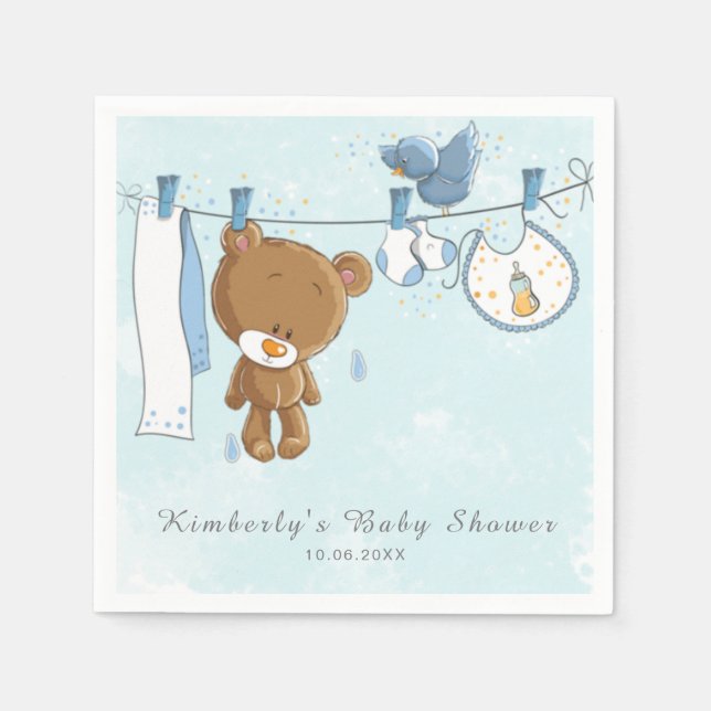Cute Teddy Bear Blue Clothesline Baby Shower Napkins (Front)