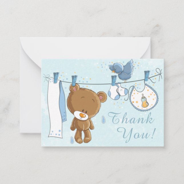 Cute Teddy Bear Blue Clothesline Thank You Note Card (Front)