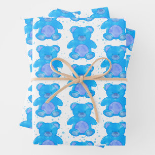 Cute Teddy Bear Blue Custom Wrapping Paper Sheets