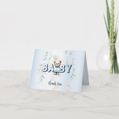 Cute Teddy Bear Blue Floral Beautiful Party Thank You Card