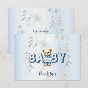 Cute Teddy Bear Blue Floral Beautiful Party Thank You Card