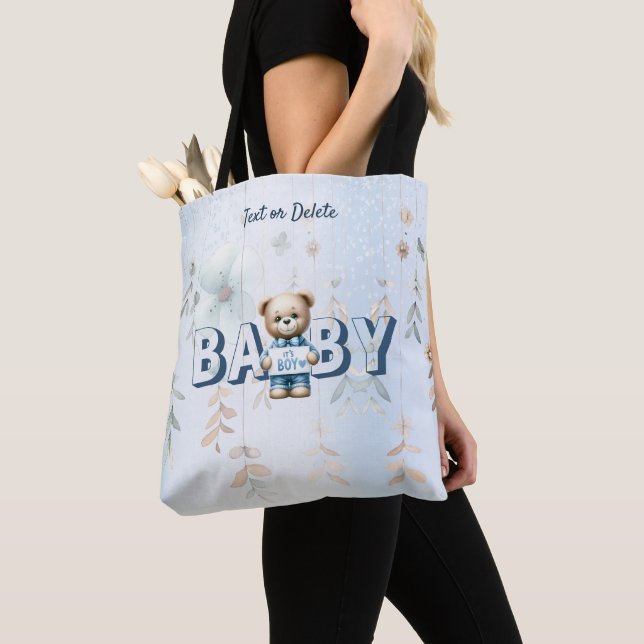 Cute Teddy Bear Blue Floral Beautiful Tote Bag (Close Up)