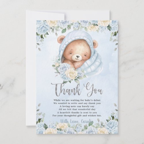 Cute Teddy Bear Blue Floral Bundle Boy Baby Shower Thank You Card