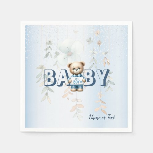 Cute Teddy Bear Blue Floral Party Napkins