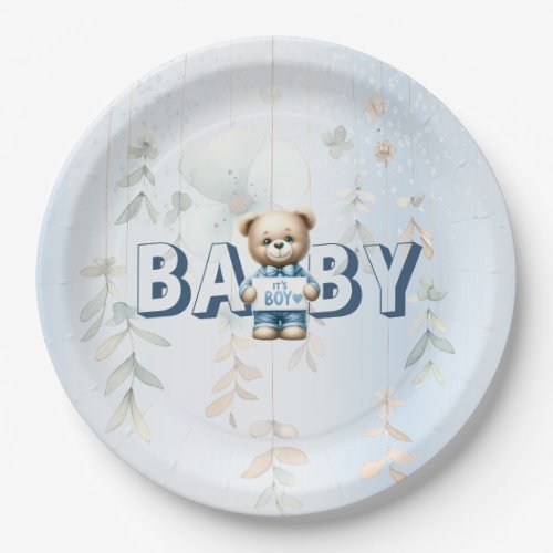 Cute Teddy Bear Blue Floral Party Paper Plates