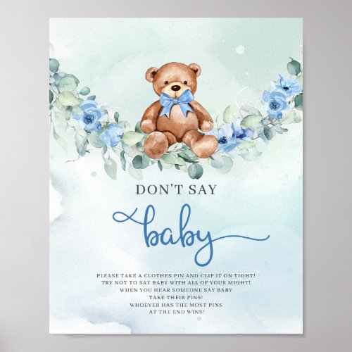 Cute teddy bear blue flowers dont say baby game poster