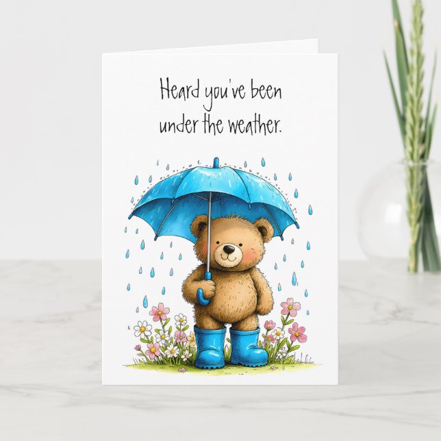 Cute Teddy Bear Blue Galoshes Get Well Soon Card (Front)