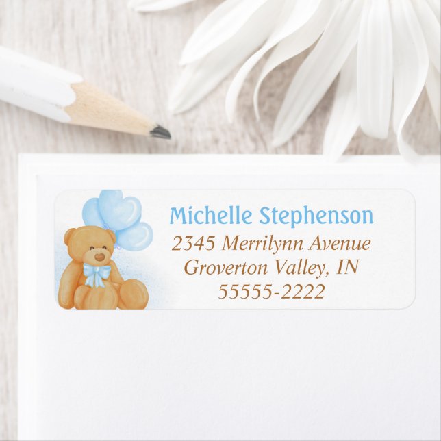 Cute Teddy Bear Blue Heart Balloons Label (Insitu)