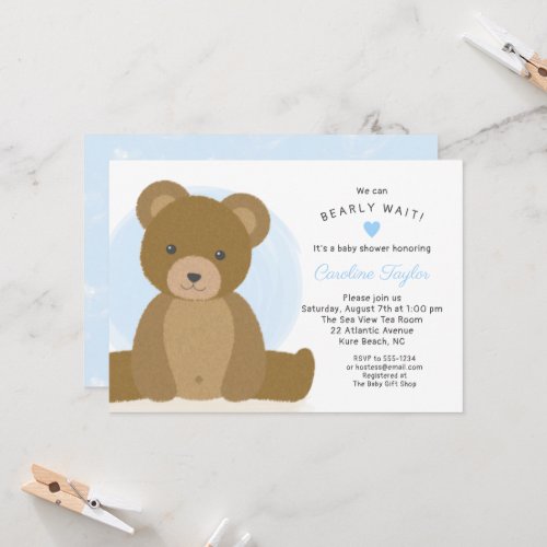 Cute Teddy Bear Blue Heart Boy Baby Shower Invitation