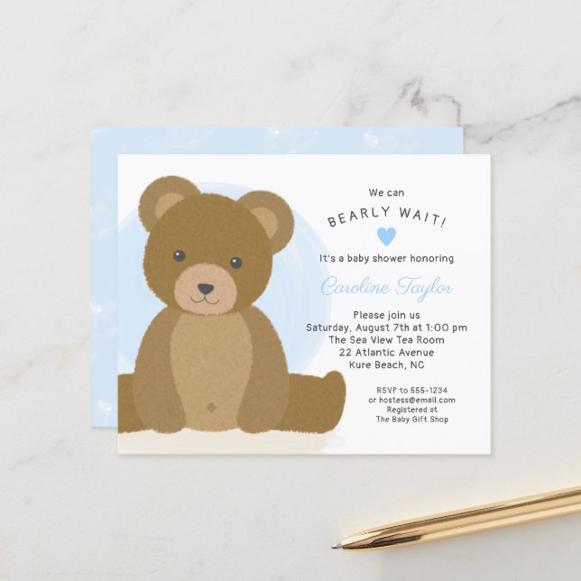 Cute Teddy Bear Blue Heart Boy Baby Shower Invite (Front/Back In Situ)