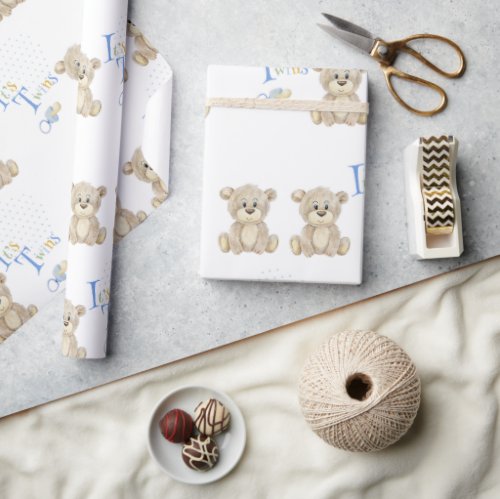 Cute Teddy Bear Blue its Twins Baby Shower Wrapping Paper