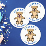 Cute Teddy Bear Blue Kids Birthday Party Round Paper Coaster<br><div class="desc">Cute Teddy Bear Blue Kids Birthday Party Paper Cups. A cute little teddy bear. The text is in blue color. Add your name and age.</div>