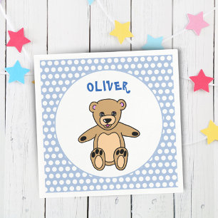 Cute Teddy Bear Blue Kids Name Birthday Party Napkins