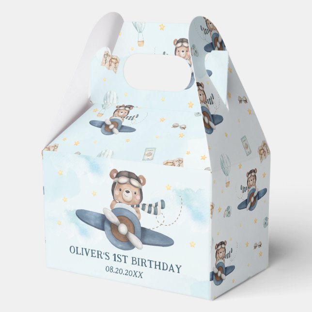 Cute Teddy Bear Blue Plane Boy Birthday New Baby Favor Boxes (Front)