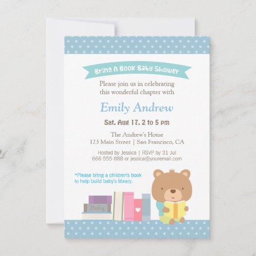Cute Teddy Bear Blue Polka Dots Book Baby Shower Invitation