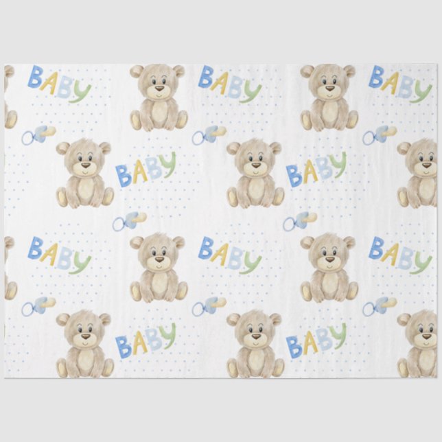 Cute Teddy Bear Blue Polkadots Baby Boy Tissue Paper (Front)