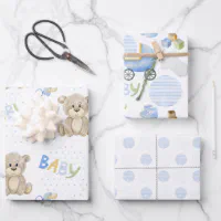 Trendy Cute Teddy Bear Boy Baby Shower Wrapping Paper, Zazzle