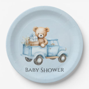 Cute Teddy Bear Blue Vintage Truck Baby Shower Paper Plates