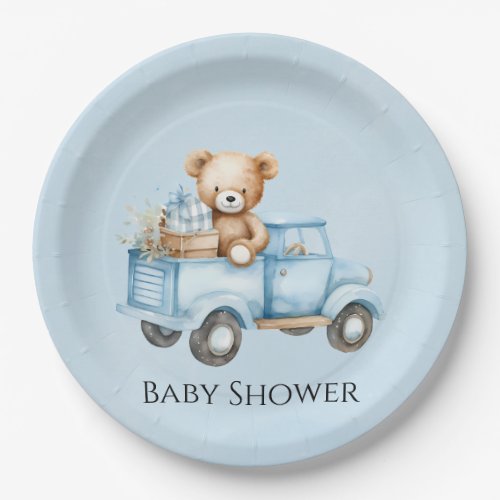 Cute Teddy Bear Blue Vintage Truck Baby Shower Paper Plates