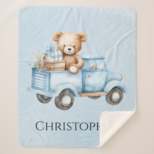Cute Teddy Bear Blue Vintage Truck Baby Shower Sherpa Blanket