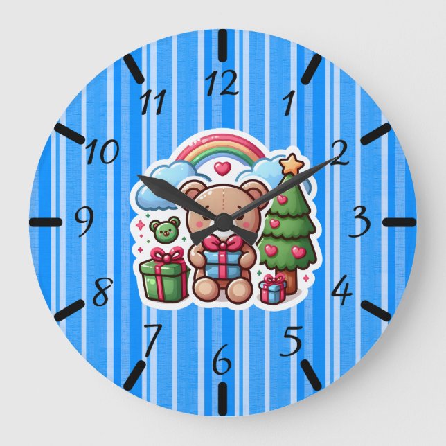 Cute Teddy Bear Blue Wall Clock (Front)