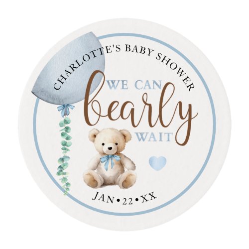 Cute Teddy Bear Blue We Can Bearly Wait Edible Frosting Rounds