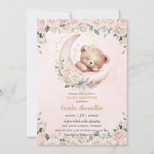 Cute Teddy Bear Blush Pink Floral Girl Baby Shower Invitation