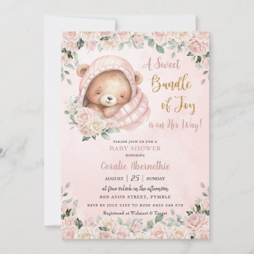 Cute Teddy Bear Blush Pink Floral Girl Baby Shower Invitation