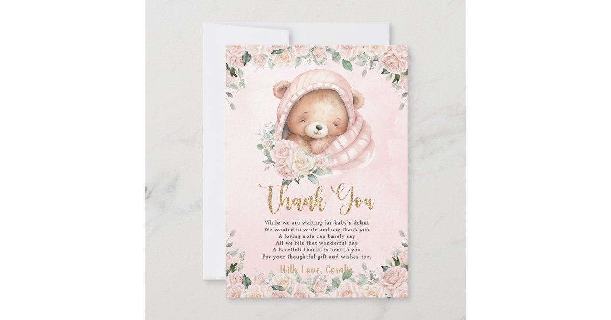 Cute Teddy Bear Blush Pink Floral Girl Baby Shower Thank You Card | Zazzle