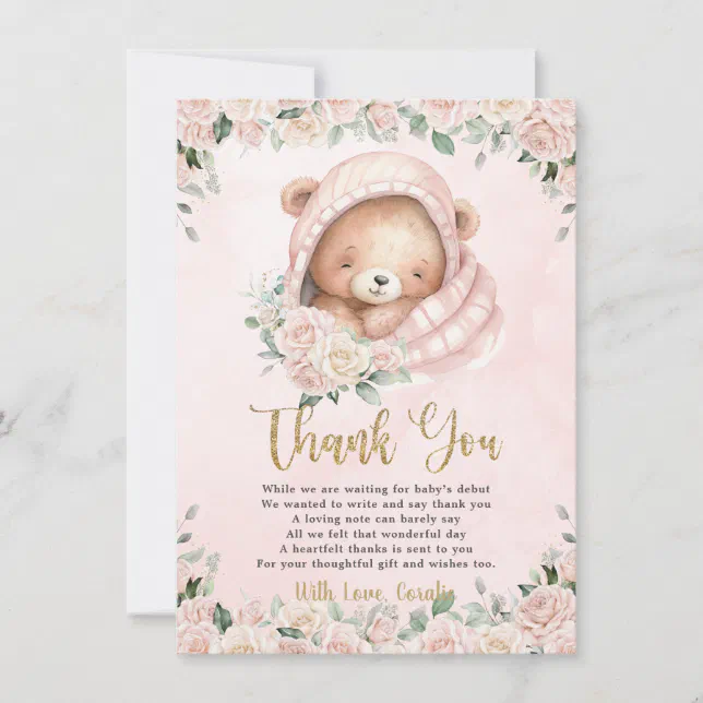 Cute Teddy Bear Blush Pink Floral Girl Baby Shower Thank You Card | Zazzle