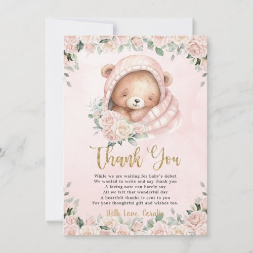 Cute Teddy Bear Blush Pink Floral Girl Baby Shower Thank You Card