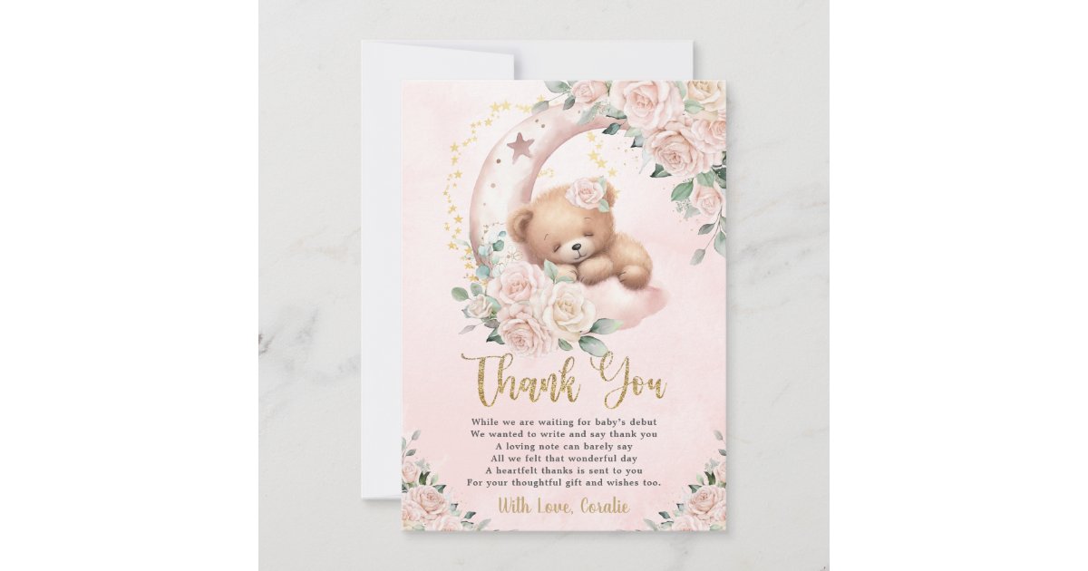 Cute Teddy Bear Blush Pink Floral Girl Baby Shower Thank You Card | Zazzle