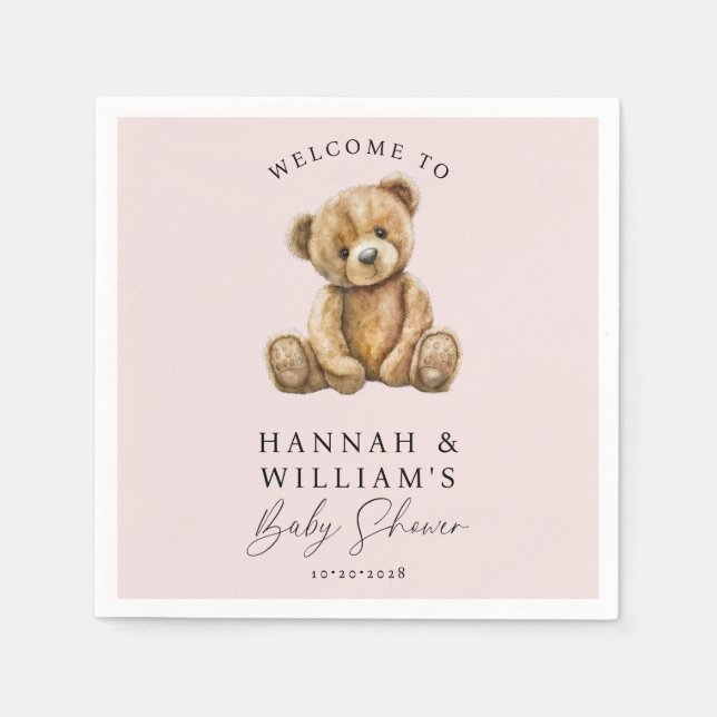 Cute Teddy Bear Blush Pink Girl Baby Shower  Napkins (Front)