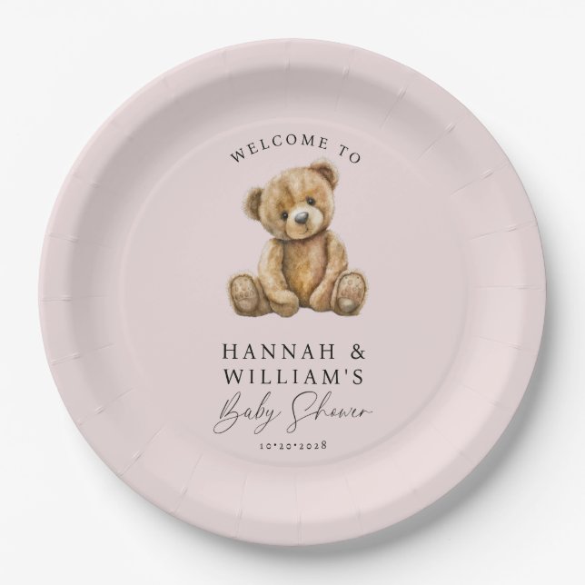 Cute Teddy Bear Blush Pink Girl Baby Shower Paper Plates (Front)