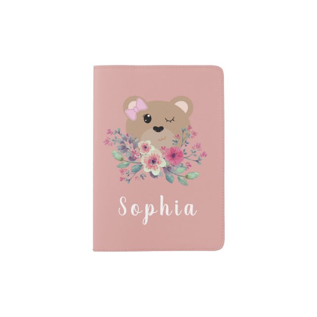 Cute Teddy Bear Blush Pink Name Kids Passport Holder (Front)