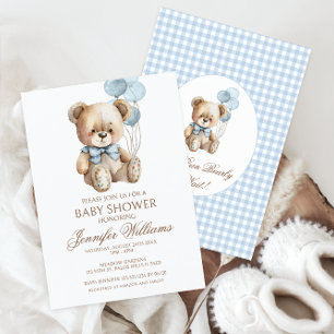 Cute Teddy Bear Bow Balloon Baby Boy Shower Invitation