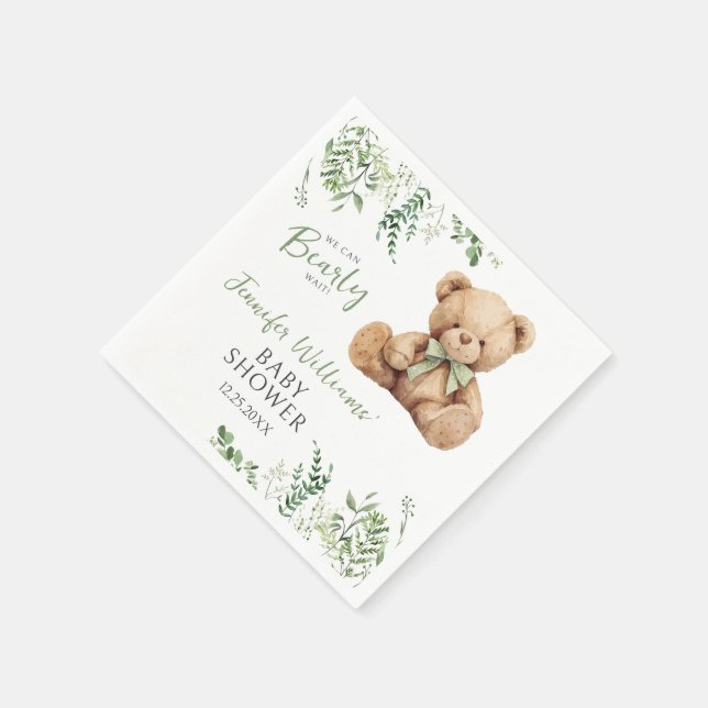 Cute Teddy Bear Bow Greenery Baby Boy Shower Paper Napkins (Corner)