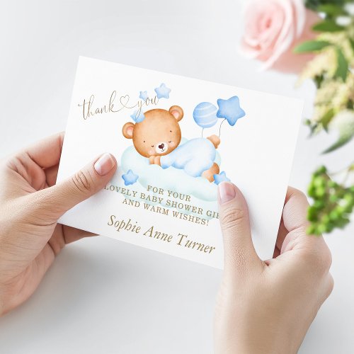Cute Teddy Bear Boy Baby Shower Calligraphy  Thank You Card