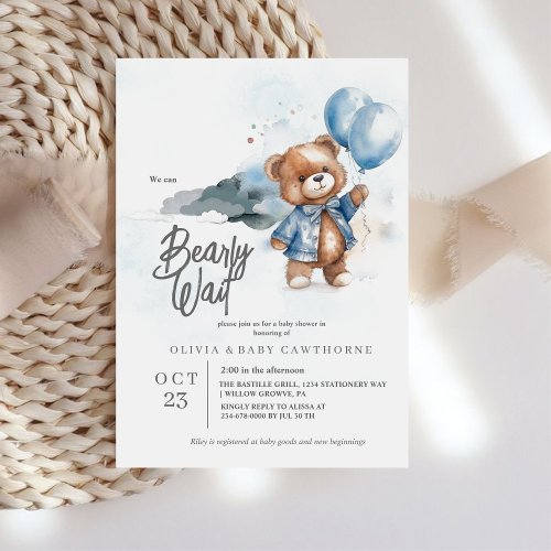 Cute Teddy Bear Boy Baby Shower Invitation