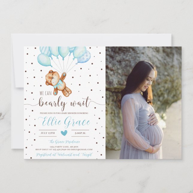 Cute Teddy Bear Boy Baby Shower Photo Invitation (Front)