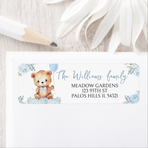 Cute teddy bear boy baby shower return address label