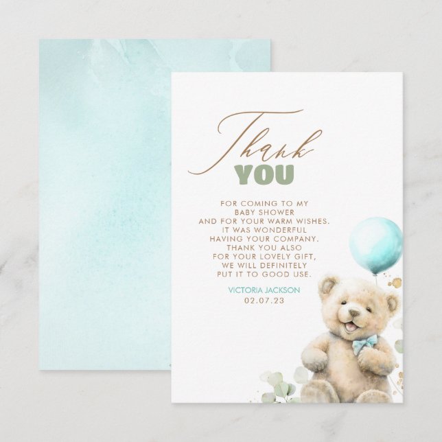 Cute Teddy Bear Boy Baby Shower Thank You (Front/Back)