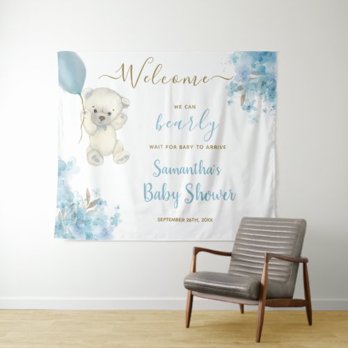Cute Teddy Bear Boy Baby Shower Welcome Sign Tapestry