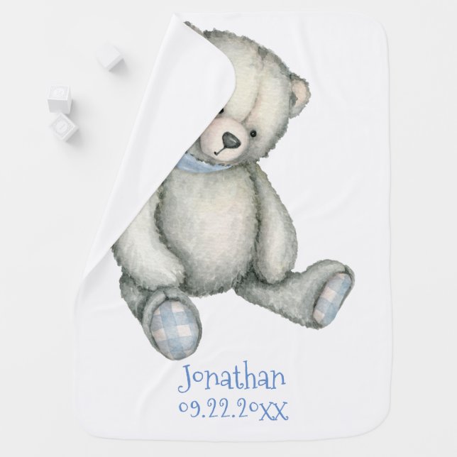 Cute Teddy Bear Boy Birth Stats Baby Blanket (In Situ)