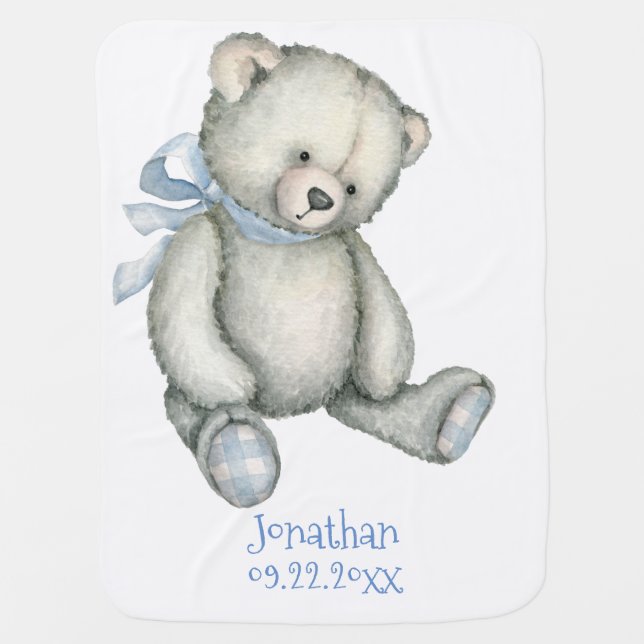 Cute Teddy Bear Boy Birth Stats Baby Blanket (Front)