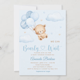 Cute Teddy Bear Boy Blue Bearly Wait Baby Shower Invitation