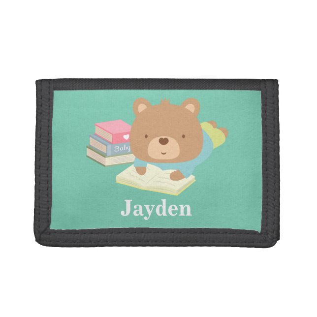 Cute Teddy Bear Boy Reading Books Kids Tri-fold Wallet (Front)