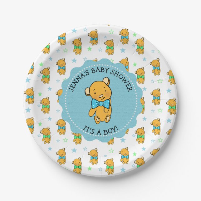 Cute Teddy Bear Boy's Baby Shower Paper Plates (Front)