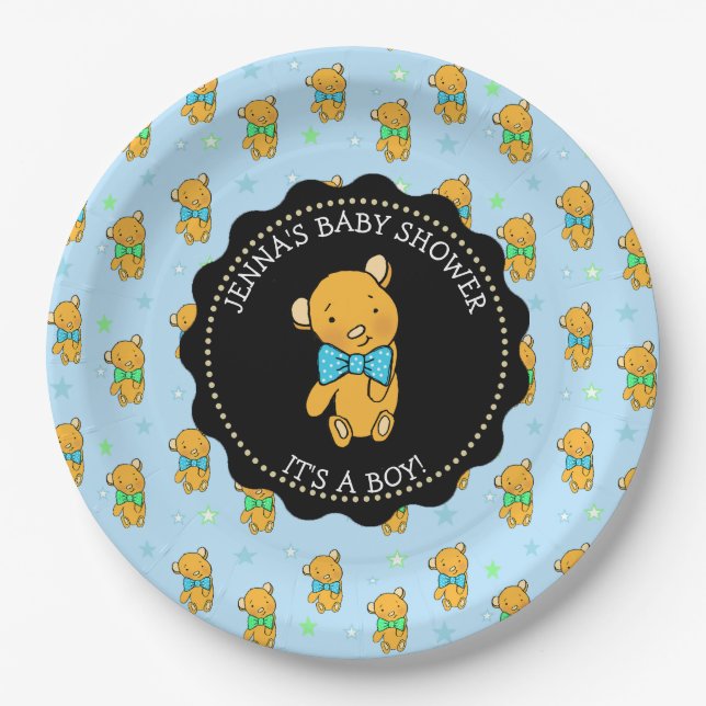 Cute Teddy Bear Boy's Baby Shower Paper Plates (Front)